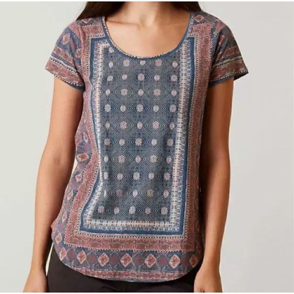 LUCKY BRAND Linen Blend Printed Short Sleeve Scoop Neck T-Shirt Size 1X - Picture 1 of 7